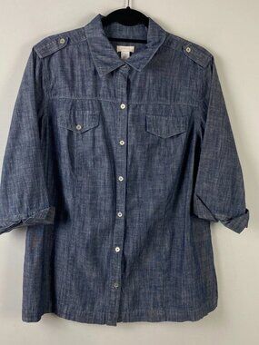Chicos Button Shirt Womens 2 US Large Blue Chambray Roll Tab Sleeve Utility Top